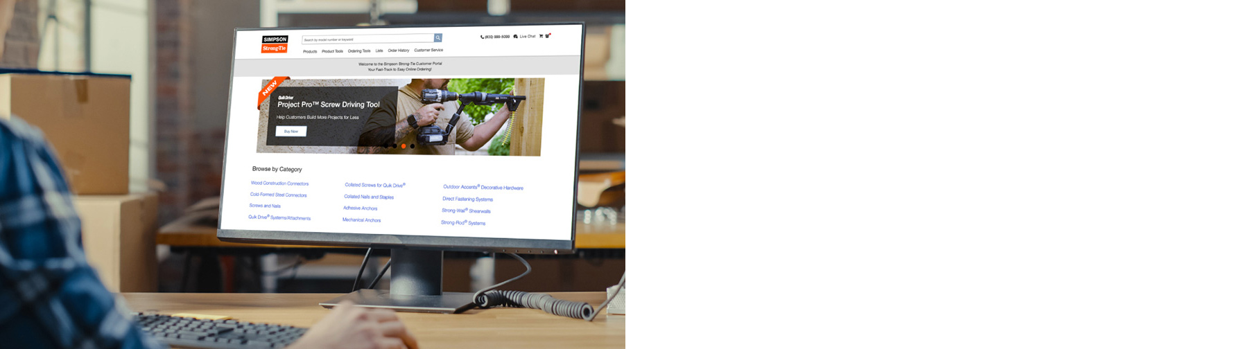 Man sitting at desk viewing computer screen. Computer screen is showing the Customer Portal login page.