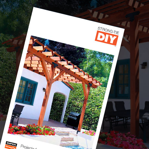 Close-up of a DIY booklet cover featuring a pergola project, showcasing Strong-Tie DIY branding and a sunny outdoor setting.