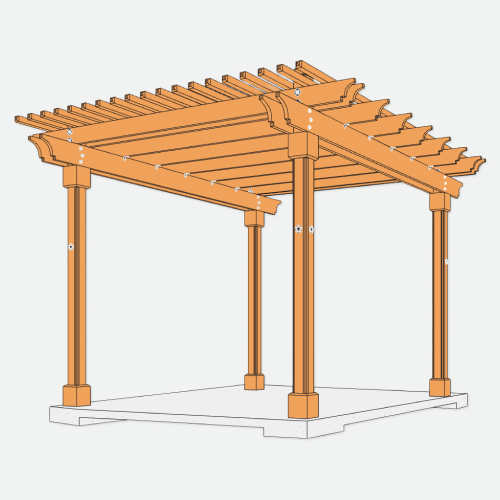 Architectural rendering of a wood pergola without knee bracing.
