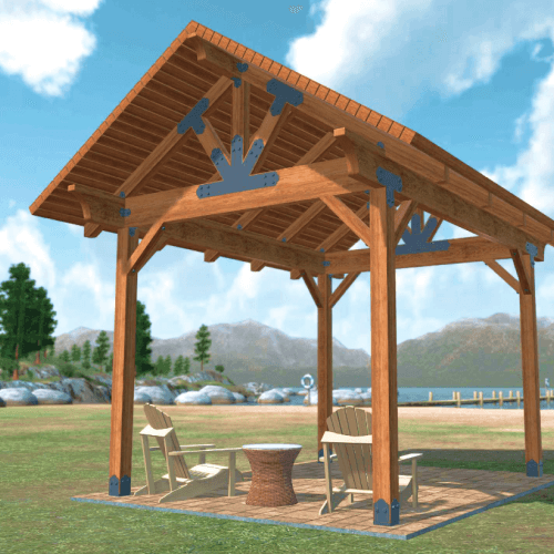 Architectural rendering of Adirondack chairs and table under a wood pavilion with mountains in the background.