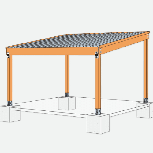 Architectural rendering of a sloped wood patio cover.