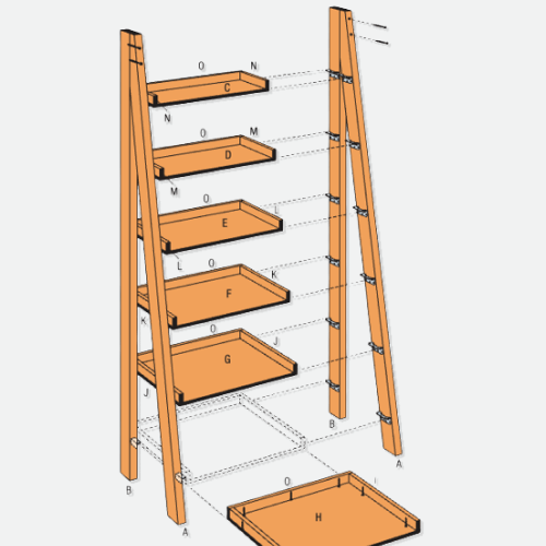 Architectural rendering of a wood ladder bookshelf.