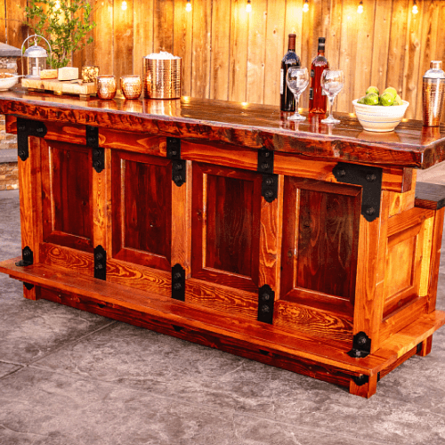 Faux rustic outdoor patio bar set up for summer parties.