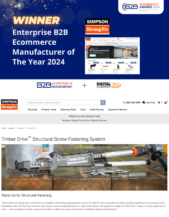 Simpson Strong-Tie awarded Enterprise B2B Ecommerce Manufacturer of the Year 2024 by B2B Ecommerce Association, featured on a webpage with the company's customer portal.