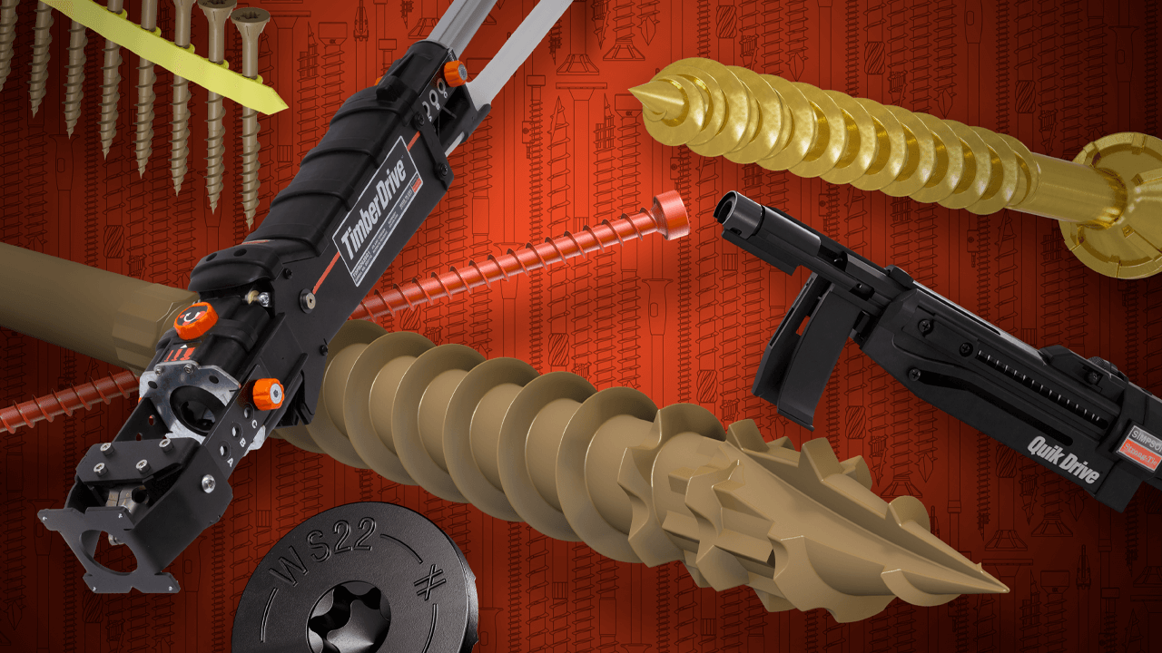 A close-up promotional image of Simpson Strong-Tie’s Timber Drive and Quik Drive auto-feed screw driving tools with various screws.