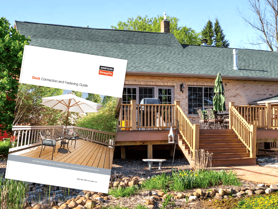 A wooden deck attached to a brick house with outdoor furniture. Overlaid is Simpson Strong-Tie’s Deck Connection and Fastening Guide, offering recommendations for safe, code-compliant decks.