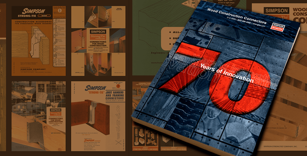 Cover of Simpson Strong-Tie catalog titled 'Wood Construction Connectors' with large red '70 Years of Innovation' text, over steel texture background and vintage catalog covers.