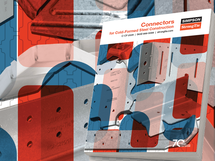 Cover of Simpson Strong-Tie catalog titled 'Connectors for Cold-Formed Steel Construction,' showing various steel connectors in gray, red, and blue with company logo and contact info.