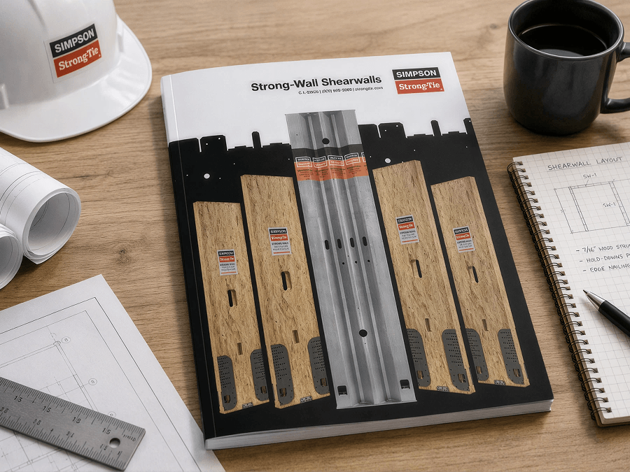 Simpson Strong‑Tie “Strong‑Wall Shearwalls” product catalog on a wood desk, surrounded by a white hard hat, rolled construction plans, a metal ruler, a notebook with wall layout sketches, a pen, and a black coffee mug.
