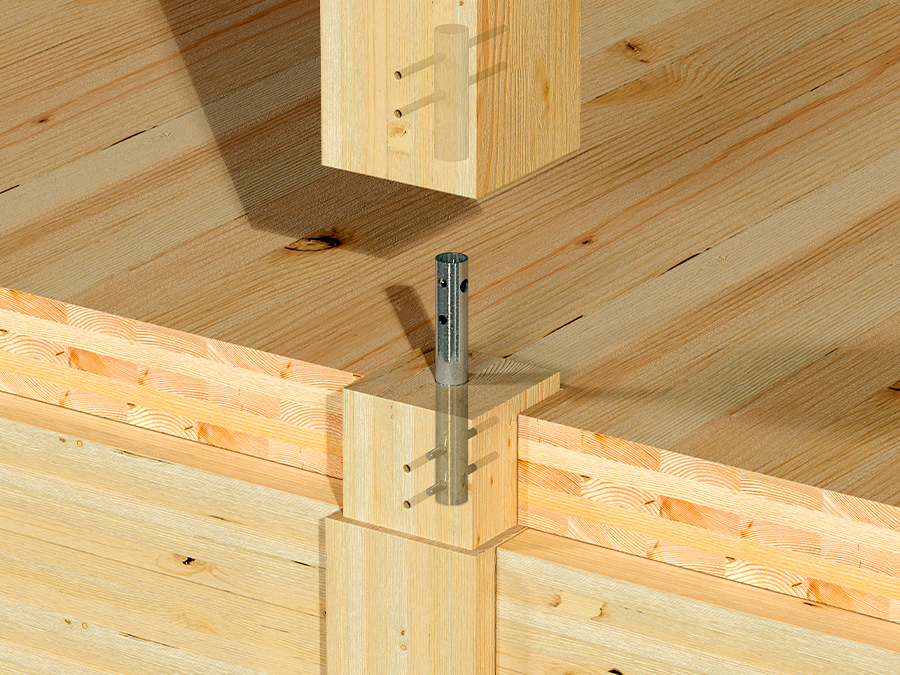 Close-up view of a glulam timber column connection using a concealed steel connector, highlighting the structural integrity and seamless design of engineered wood joints.