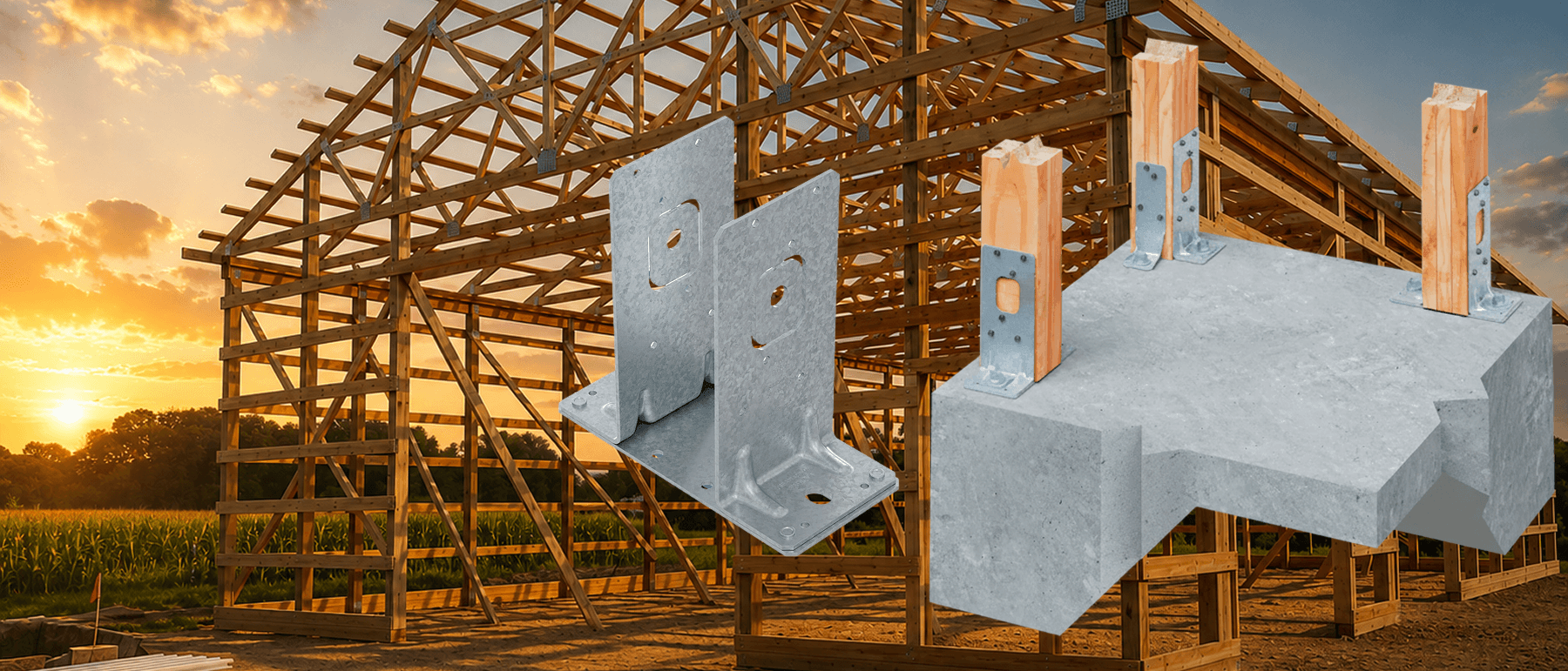 Wood-framed building under construction at sunset with exposed trusses and beams. Overlaid illustrations show metal connectors and post bases anchoring wood columns to a concrete foundation system.