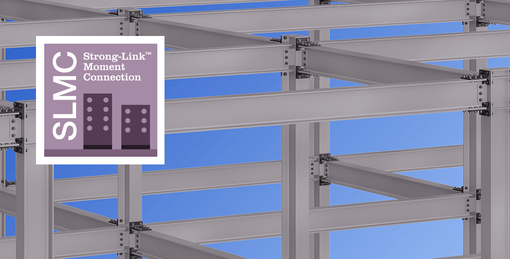 Structural steel framing showcasing Strong-Link™ Moment Connections with the SLMC logo in the upper right corner.