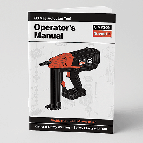 Cover of Simpson Strong-Tie G3 Operator’s Manual for gas-actuated fastening tools, featuring a red-and-black tool illustration and general safety warning.
