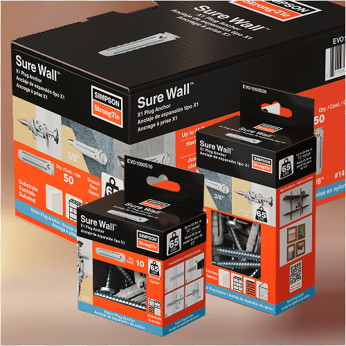 Retail packaging for Simpson Strong-Tie Sure Wall anchors, showing multiple box sizes with product images, specifications, and branding.