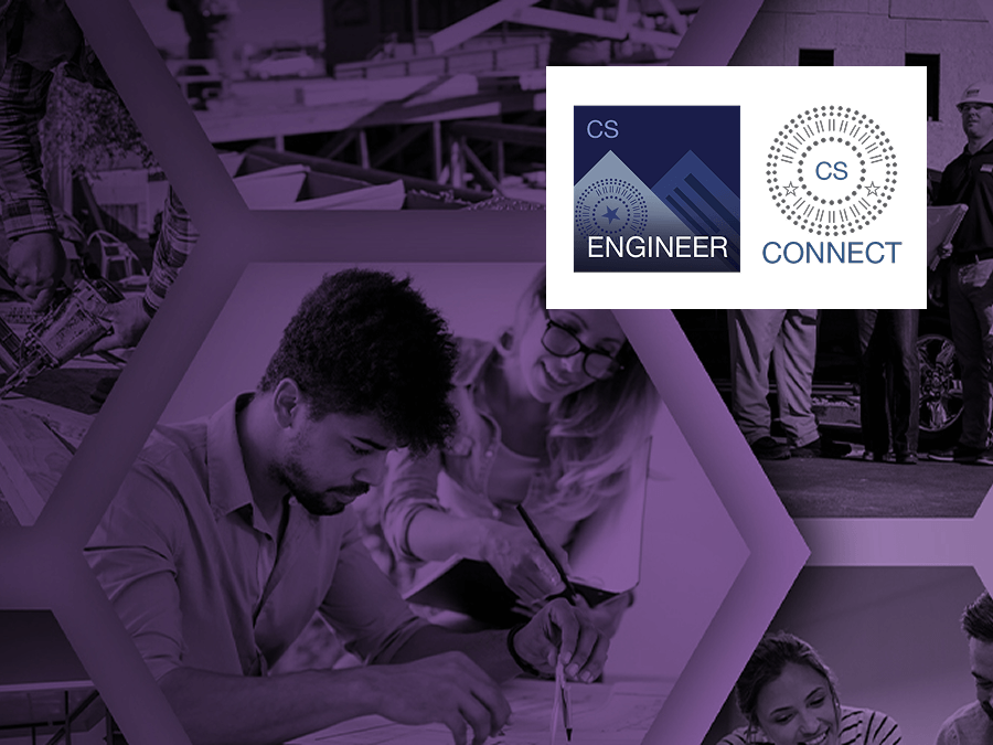 Collage of engineers and construction professionals working, overlaid with CS Engineer and CS Connect logos representing software and digital collaboration tools.