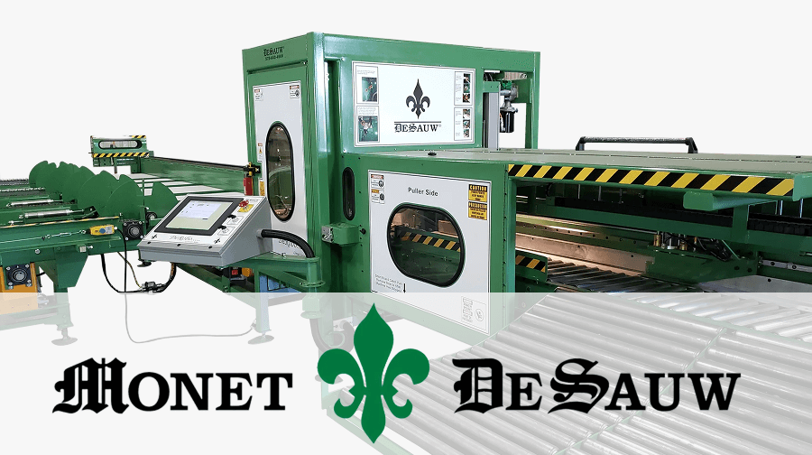 Green Monet DeSauw automated saw system with control panel and safety enclosures, used for precision cutting of construction materials. The Monet DeSauw logo with fleur-de-lis is featured at the bottom.