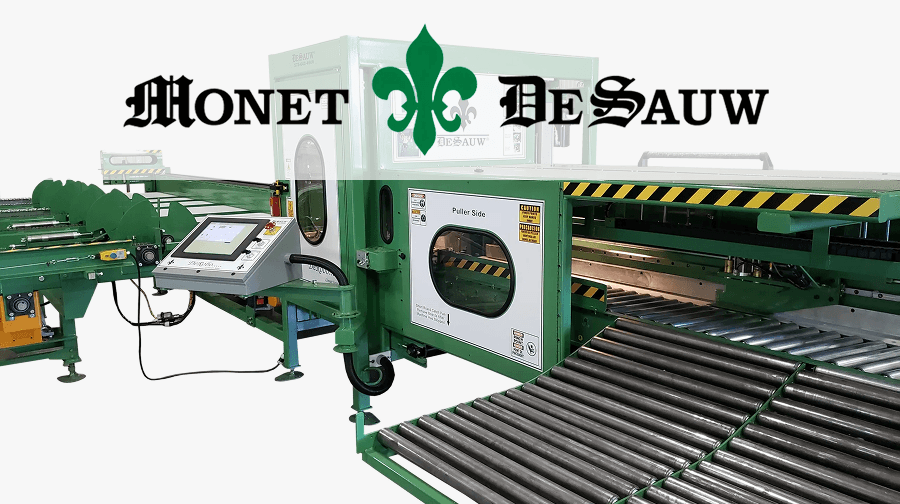 Green Monet DeSauw automated saw system with control panel and safety enclosures, used for precision cutting of construction materials. The Monet DeSauw logo with fleur-de-lis is featured on top..