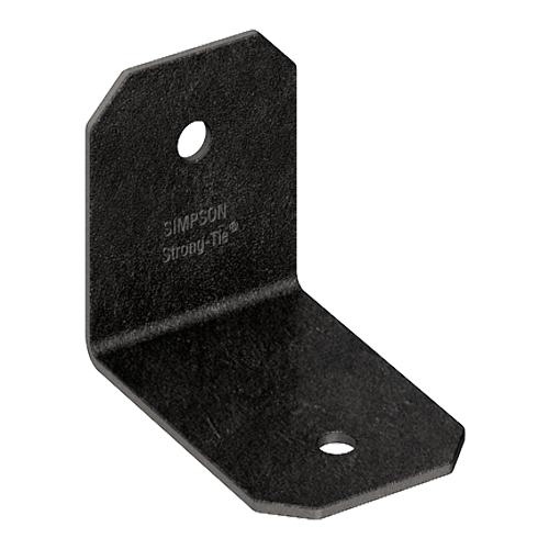 A black Simpson Strong-Tie L-shaped metal bracket with two screw holes, designed for structural connections in wood framing and outdoor accents. Outdoor Accents® Avant Collection APVA21 — 2x light rafter tie