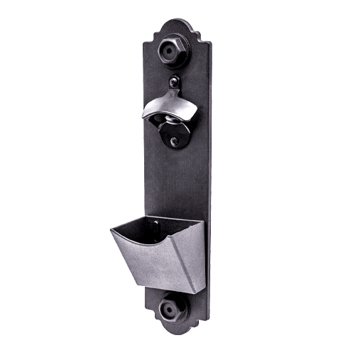 Wall-mounted black bottle opener with a catch tray for caps. A product of Simpson Strong-Tie called APBO Decorative Bottle Opener.