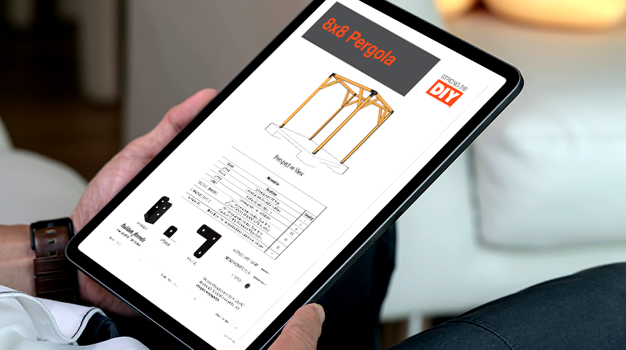 Person using a tablet to view an 8x8 pergola design with detailed parts list and illustrations.