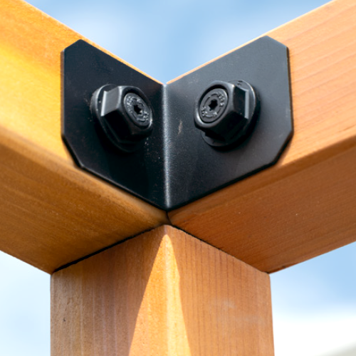 APVA4 4x angle with hex head washer securing two wooden beams together.