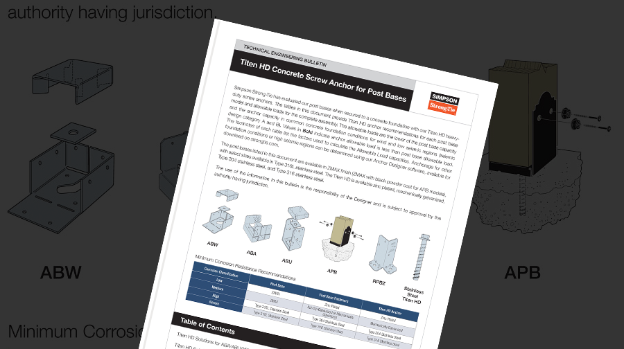 Technical engineering bulletin for Titan HD Concrete Screw Anchor for Post Bases by Simpson Strong-Tie, with illustrations of ABW, ABA, APB, and RPBZ post bases.