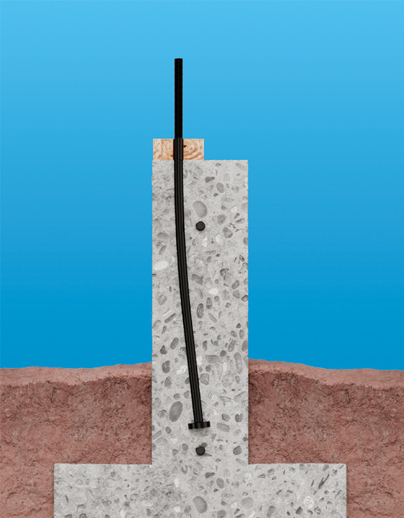 Render of SABR anchor bolt in concrete block and a wooden block.