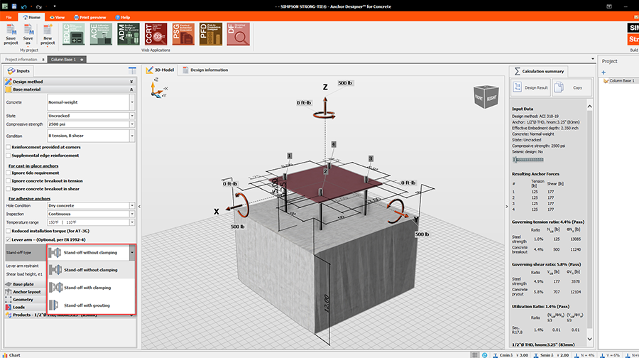 Anchor Designer™ software view showing lever arm option choosing between: Stand-off without clamping, stand-off with clamping, and stand-off with grouting options.