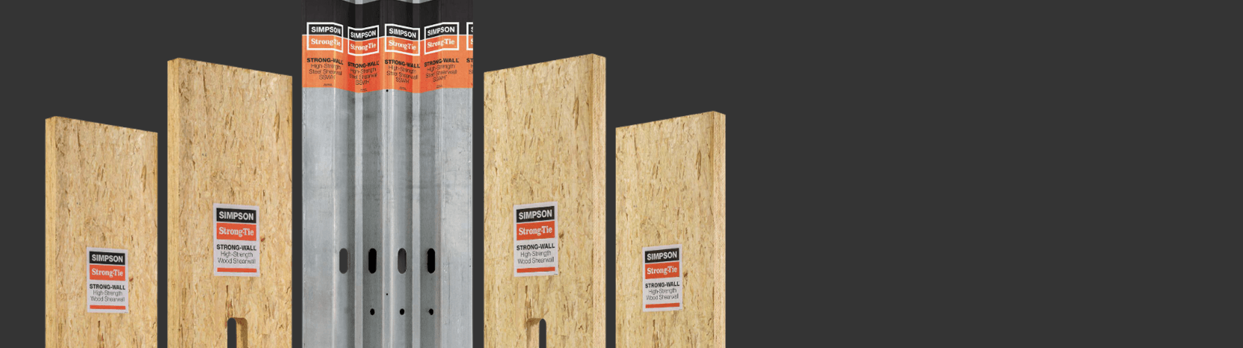 Strong-Wall high-strength wood shearwall system featuring OSB wood panels and steel shearwall sections, shown side by side to illustrate available wall configurations for structural applications.
