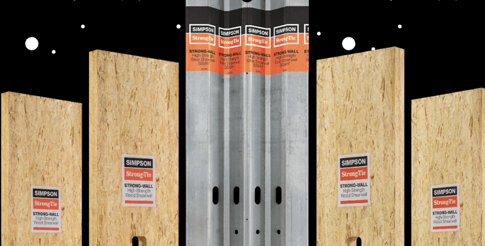 Strong-Wall high-strength wood shearwall system featuring OSB wood panels and steel shearwall sections, shown side by side to illustrate available wall configurations for structural applications.