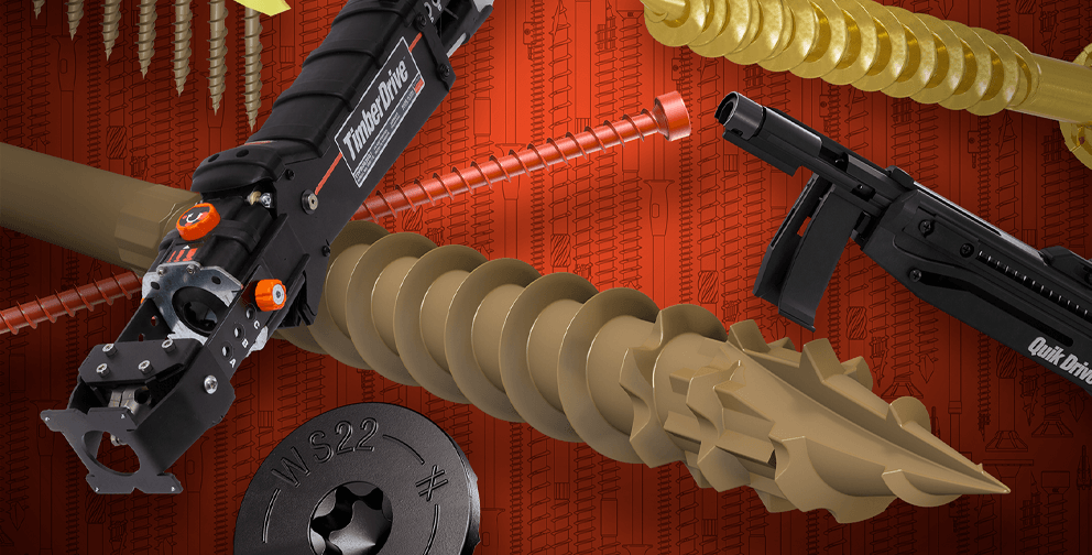 Close-up of Simpson Strong-Tie fastening systems, featuring screws, nails, and TimberDrive tools on a red background with line art.