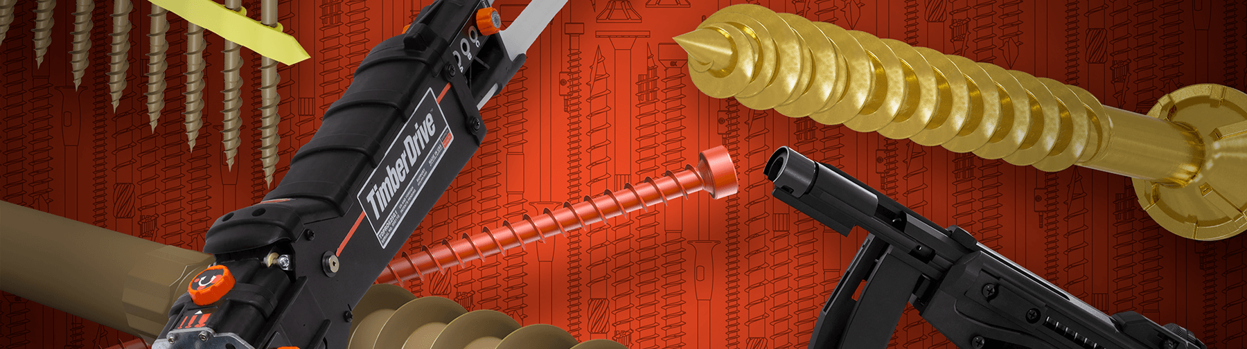 Close-up of Simpson Strong-Tie fastening systems, featuring screws, nails, and TimberDrive tools on a red background with line art.