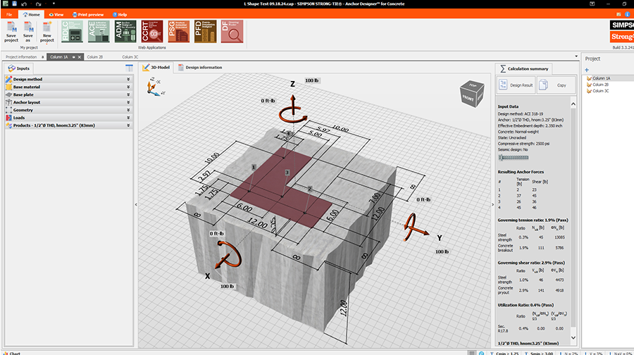 3D model in Anchor Designer™ software showing anchor layout on a concrete block with dimensions, X-Y-Z axes, and force directions.