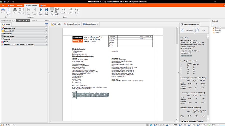 Design report in Anchor Designer™ software displaying anchor details, project info, and base material specifications with an anchor image.