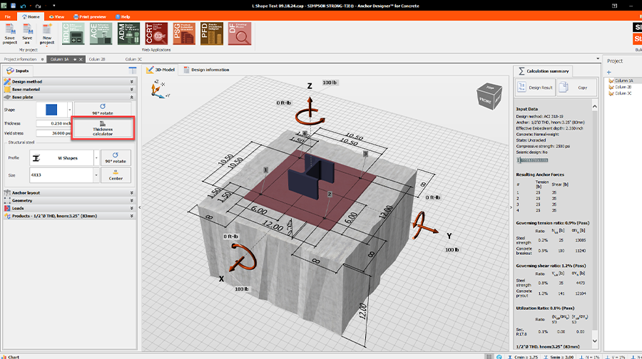 Anchor Designer™ software view showing a base plate setup with customizable thickness, axes indicators, and anchor positions.