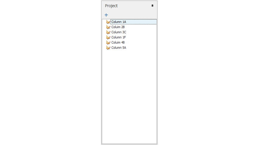 Project panel in Anchor Designer™ software listing columns by labels like Column 1A, Column 2B, and Column 3C for anchor designs.