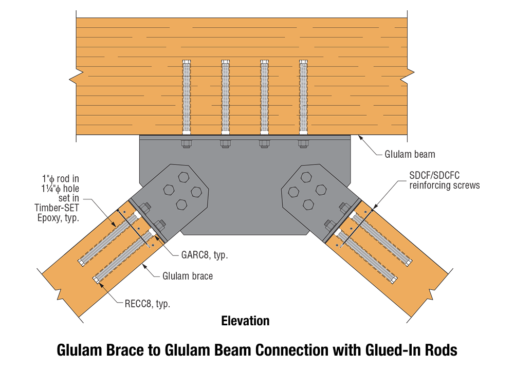 Glulam Brace to Glulam Beam Connection with Glued-In Rods