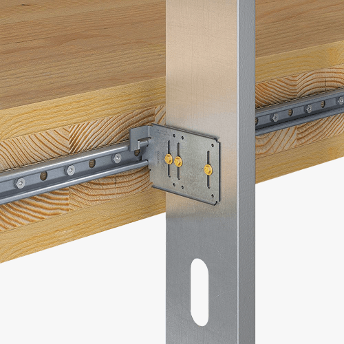 Metal curtain-wall connector securing a vertical steel post to a horizontal mass timber beam with visible fasteners.