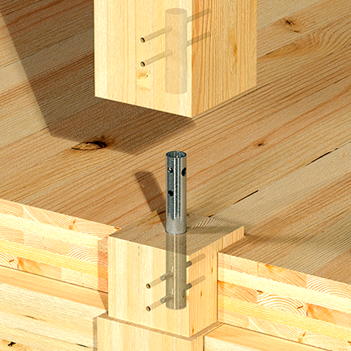 Mass timber column connection showing a steel connector securing two wooden beams with precision, emphasizing the structural stability of the joint.