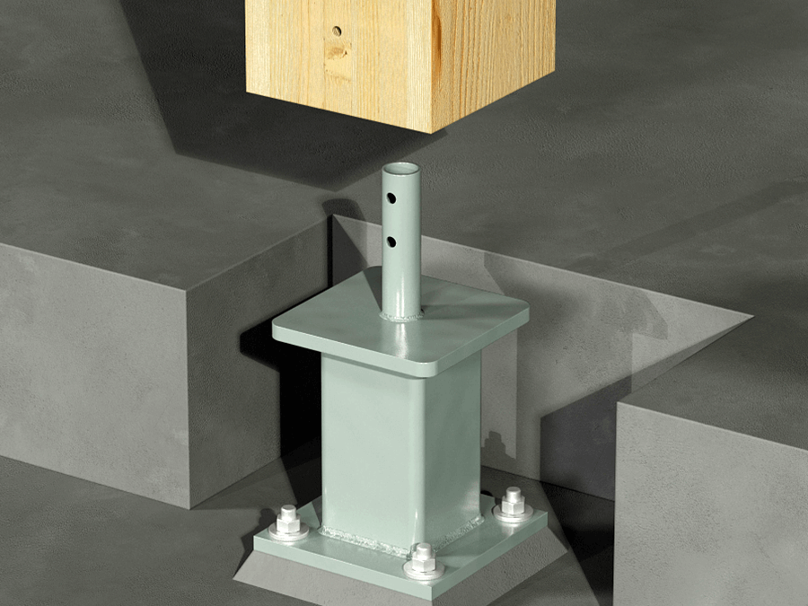 Mass timber column standoff base connection featuring a steel connector and an elevated bolted base plate, positioned within a concrete setting for secure structural support.