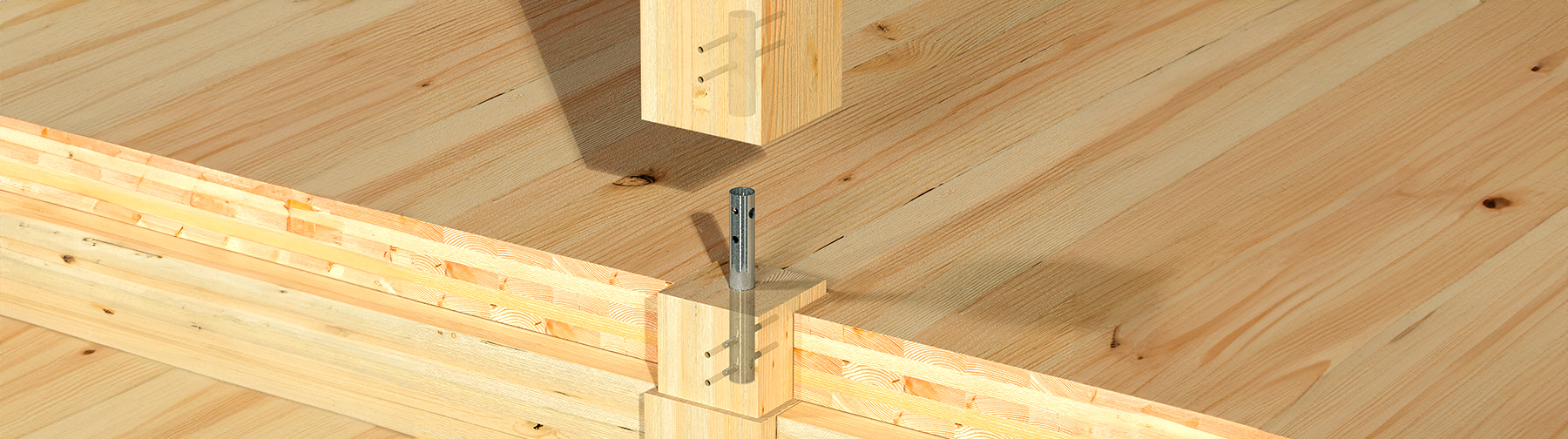 Close-up view of a mass timber column connection showing the alignment of wooden beams and a metal connector pin for structural support.