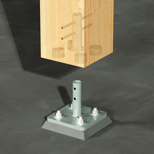 Mass timber column base connection featuring a steel connector and a bolted steel base plate, designed for securing the column to a concrete foundation.