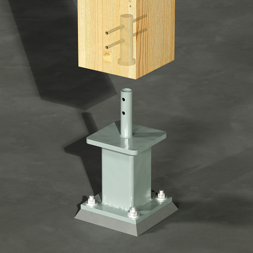 Mass timber column standoff base showing a steel connector and an elevated bolted base plate, providing support and separation between the column and the ground.