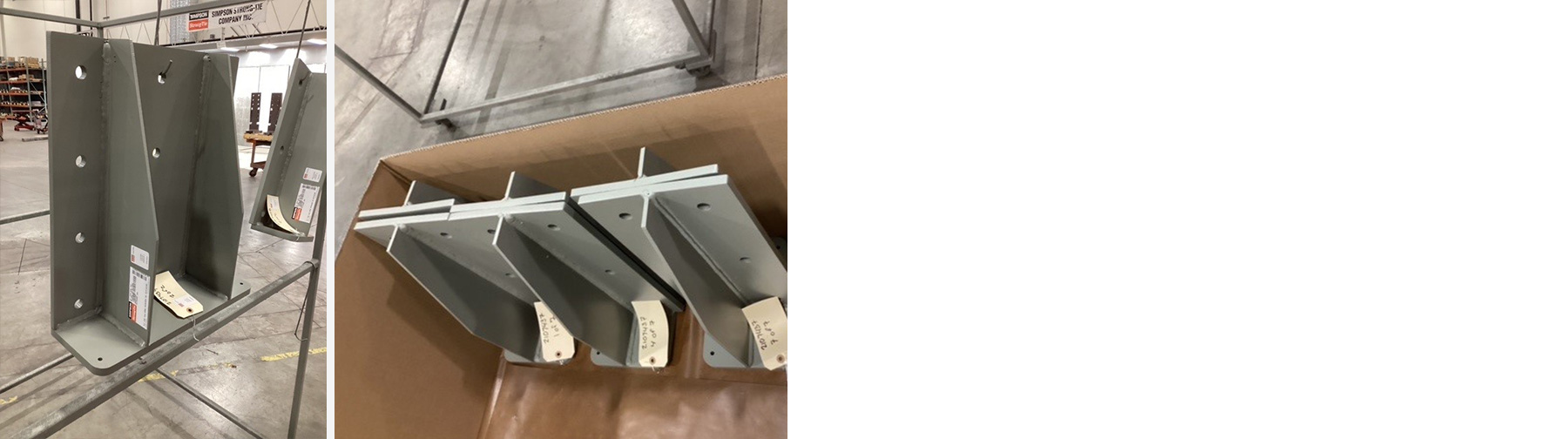 Custom-fabricated steel components hanging on rack in a warehouse. Second image displays a cardboard box with tagged custom-fabricated steel components sitting vertically.