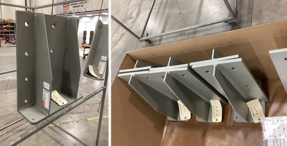 Custom-fabricated steel components hanging on rack in a warehouse. Second image displays a cardboard box with tagged custom-fabricated steel components sitting vertically.