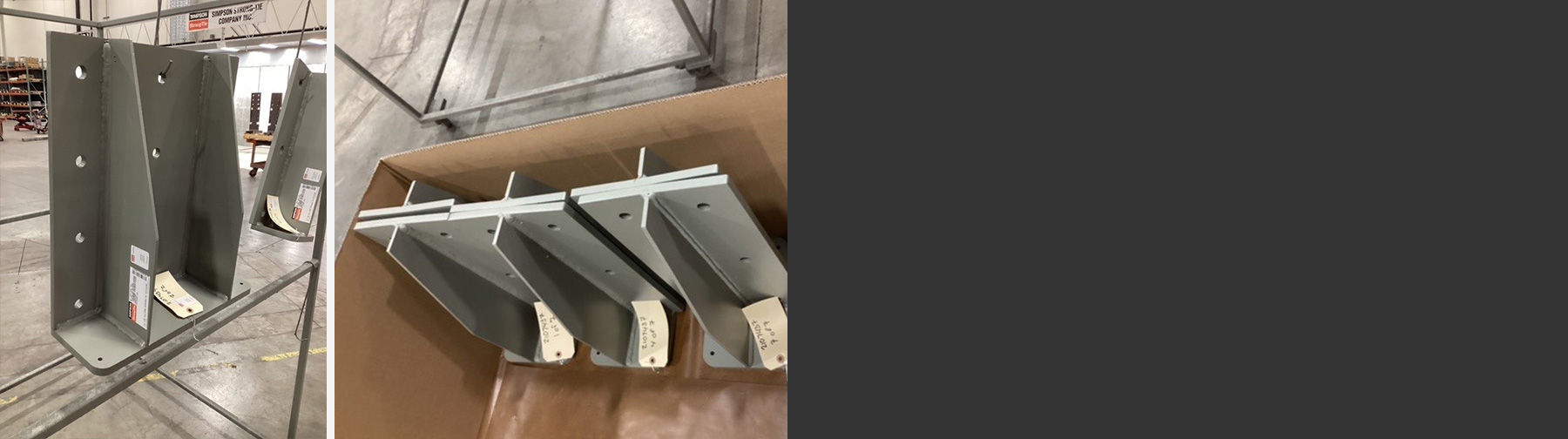 Custom-fabricated steel components hanging on rack in a warehouse. Second image displays a cardboard box with tagged custom-fabricated steel components sitting vertically.