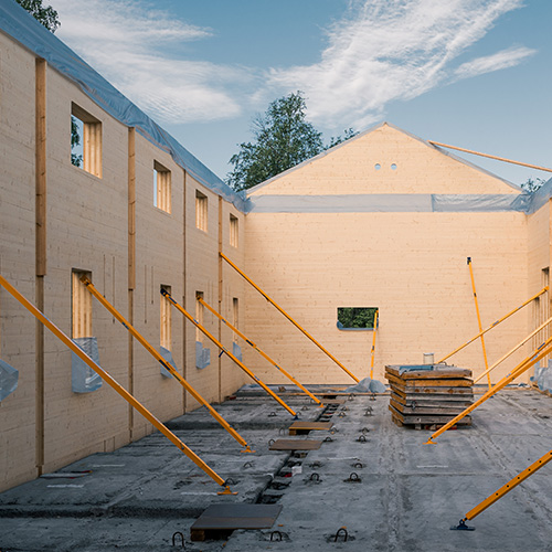 Jobsite with Stedox wall bracing products bracing wooden interior structure.