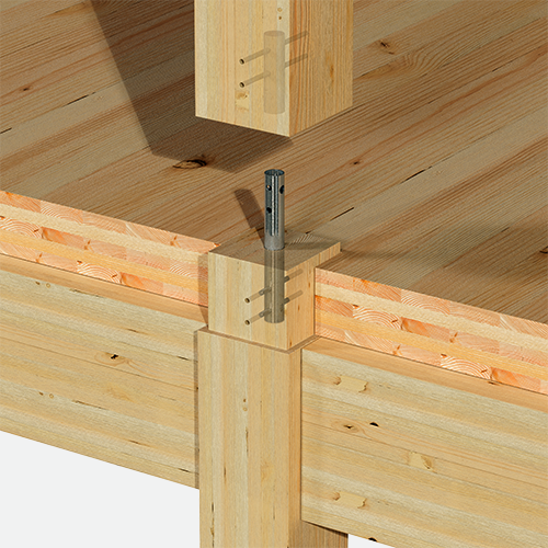 Mass timber column connection showing a steel connector joining two wooden beams and a column, highlighting the precision and stability of the joint.