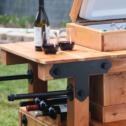 Customized DIY cooler built with Simpson Strong-Tie wood connectors with wine bottles and glasses