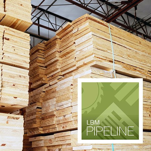 Wood board materials stacked in warehouse with LBM Pipeline icon.